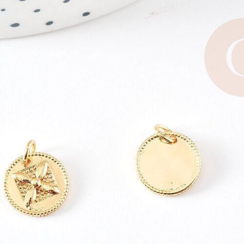 Pendentif médaille ronde laiton doré fleur 12mm, x1 (g4826)