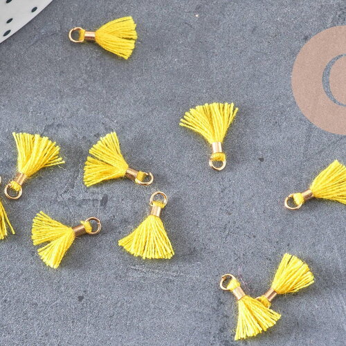 Pompon jaune polyestère support doré,décoration pompon, pompon boucles,fabrication bijoux bohème,10-15mm,les 10 (g6237)