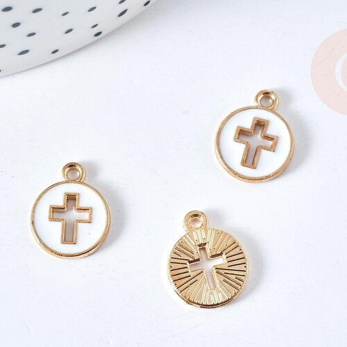 Pendentif rond croix zamac doré émail blanc 15mm, x5 (g8418)