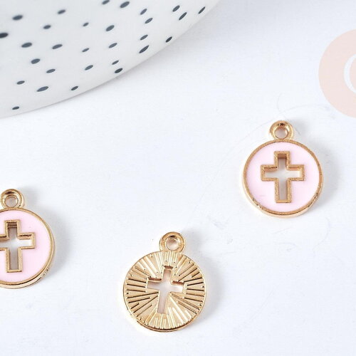 Pendentif rond croix zamac doré émail rose 15mm,pendentif doré pour création de bijoux, x5 (g8417)