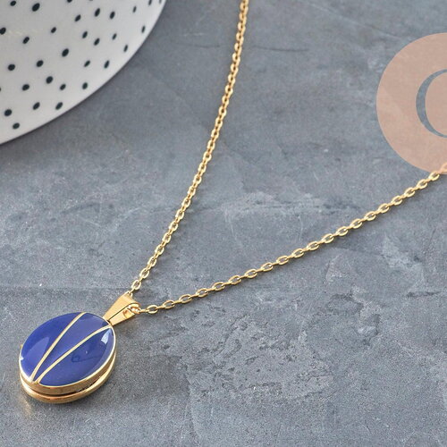 Collier pendentif locket bleu personnalisable acier 304 inoxydable doré, x1 (g11162)