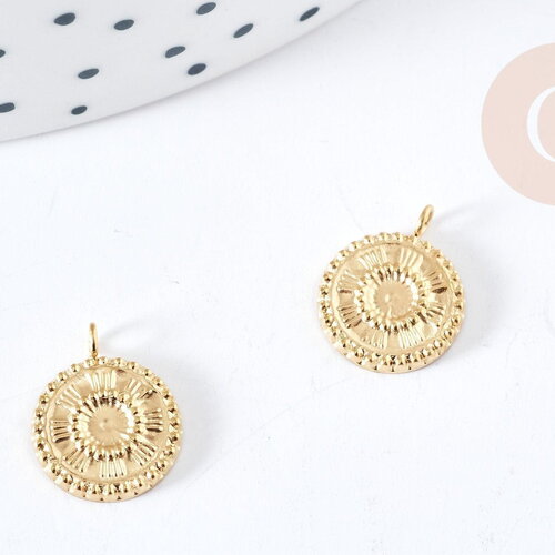 Pendentif rond soleil acier inoxydable 304 doré 14k ip 12.5mm, x1 (g8774)