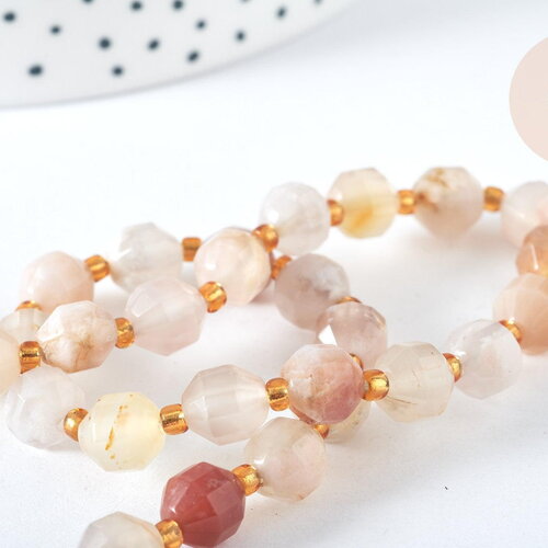 Perle ronde agate facettée fleur de cerisier naturelle 7.5mm, x1 fil de 38cm (g7455)