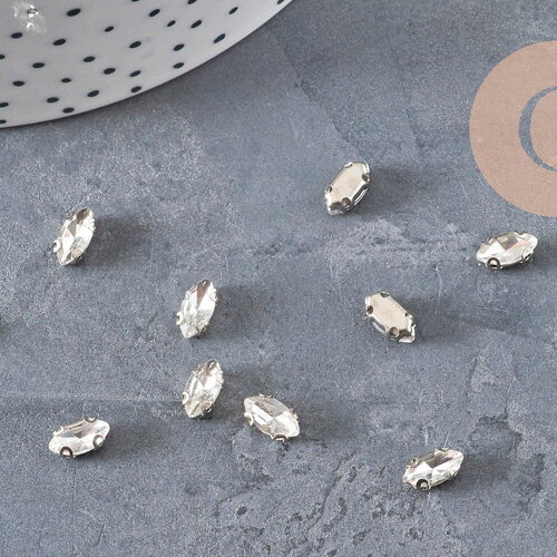 Cabochon navette cristal transparent serti en laiton platine 8x4mm, x10 (g11191)