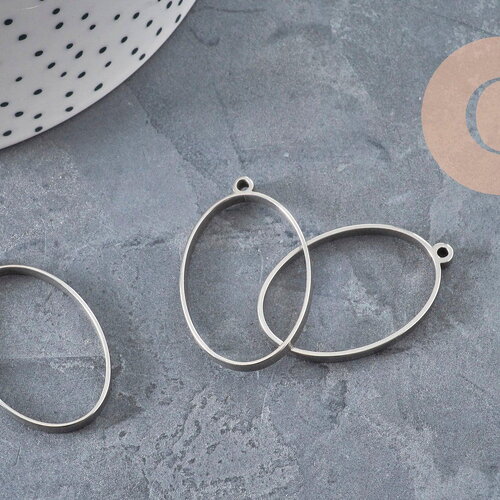 Pendentif ovale acier 304 inoxydable platine sans fond 35mm, x1 (g11188)
