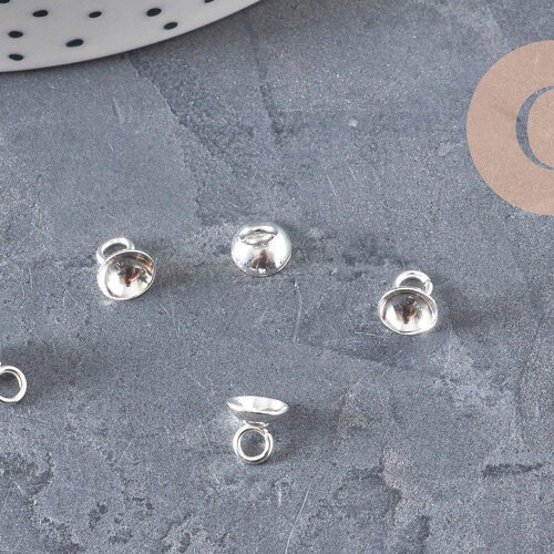 Bélière pendentif coupelle en acier 201 inoxydable argenté 6mm, x5 (g11170)