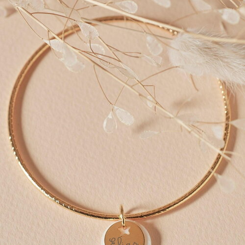 Bracelet jonc texturé à personnaliser acier inoxydable 304 avec médaille étoile &amp; nacre, x1 (adn7)