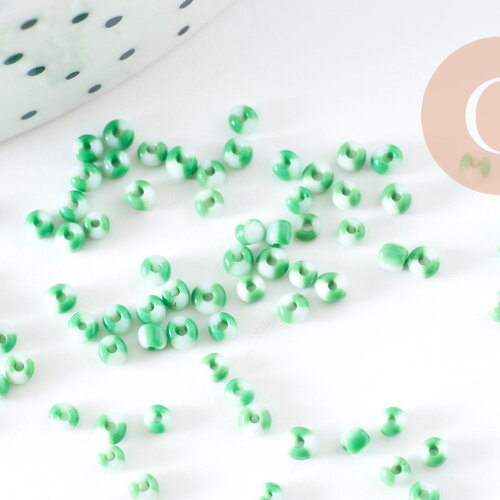 Petite perle rocaille rayé vert blanc 1.5x2mm, x10gr (g9428)