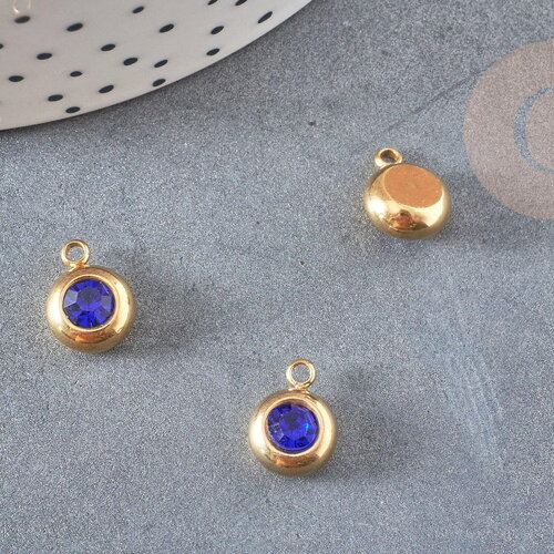 Pendentif rond acier doré 24 carats cristal bleu,pendentif cristal, pendentif doré cristal, 12mm, x1 g4838
