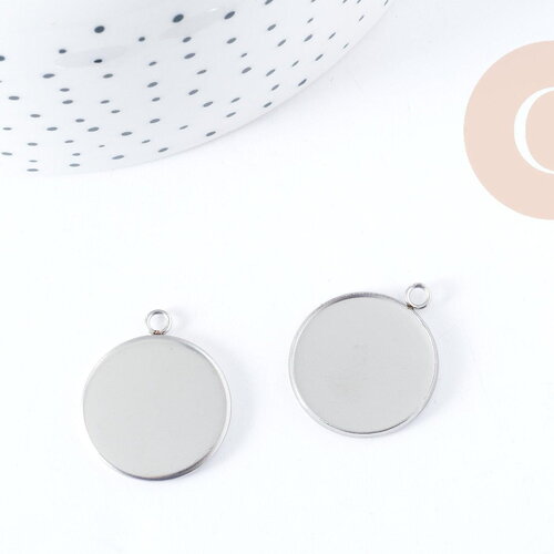 Pendentifs support cabochon rond acier 304 inoxydable platine 25mm, x1 (g8939)