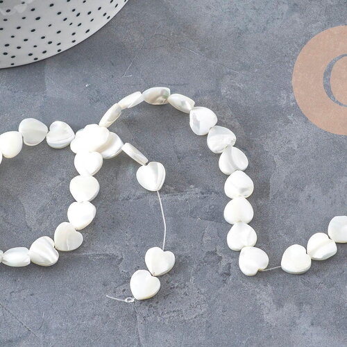 Perles coeur nacre blanche 10mm, création de bijoux nacre naturelle, fil de 40cm, x1 (g6831)