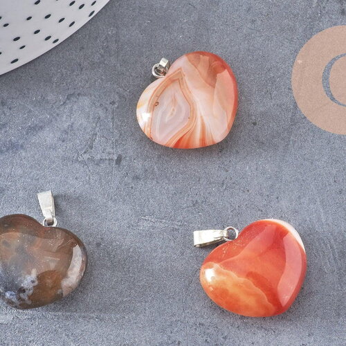 Pendentif coeur cornaline naturelle laiton argenté, pendentif pierre cornaline naturelle, bijoux en pierre naturelle, 23mm, x1 g5583