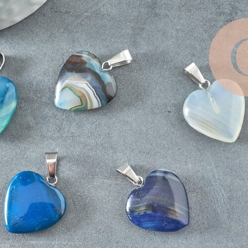 Pendentif coeur agate bleu roii acier argenté, pendentif pierre agate naturelle bleue,création bijouxpierre naturelle, 23mm, x1 g3356