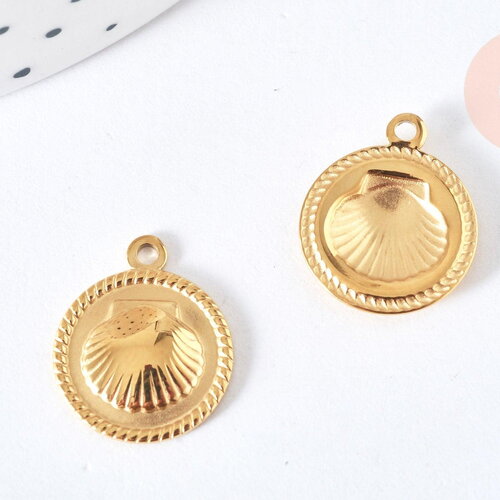Pendentif médaille ronde coquillage acier 316 doré inoxydable ip 18mm, x1 (g7126)
