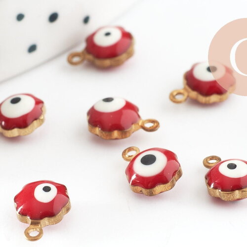 Pendentifs doré fleur émail rouge, mauvais oeil, laiton doré, pendentif chance, 9mm, x10 g1576