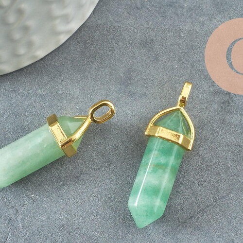 Pendentif pointe aventurine verte naturelle laiton doré 37-41mm, pendentif bijou pierre naturelle, x1 g1957