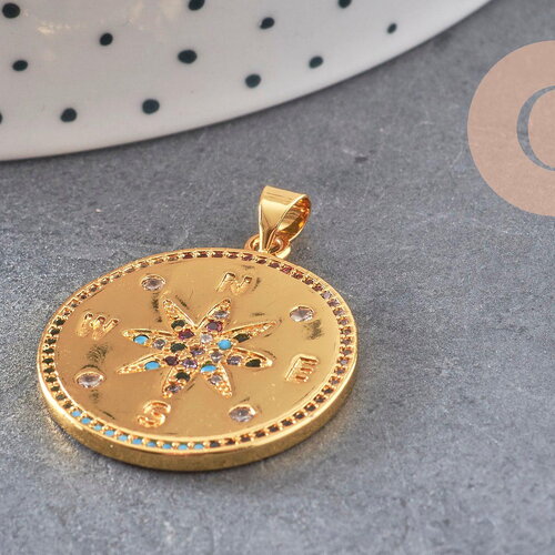 Pendentif médaille ronde boussole étoile laiton doré 18k zircons 25.5mm, x1 (g3554)