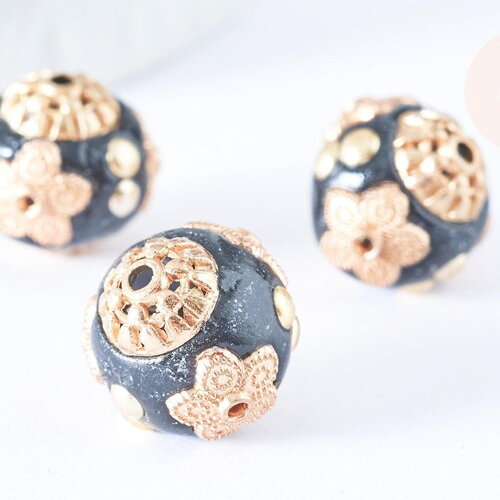 Perle indonesienne polymère noir strass et zamac doré 14mm, x1 (g6570)