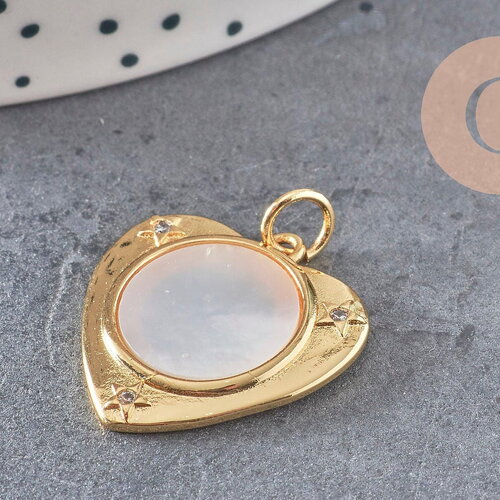 Pendentif médaille coeur nacre naturelle laiton doré 23mm sans nickel, x1 (g8838)