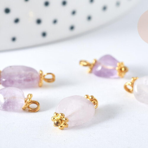 Breloque nuggets jade naturelle violet laiton doré 14~17mm, pendentif bijoux pierre naturelle, x1 (g7588)