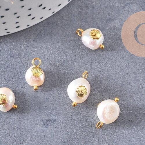 Pendentif perle naturelle keshi coquillage doré 13-16mm,porte bonheur,perle eau douce,perle naturelle blanche, x1 g6131