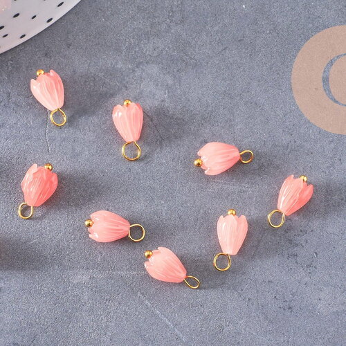 Pendentif fleur résine rose laiton doré 13mm, pendentif bourgeon fleur, x10 (g7087)