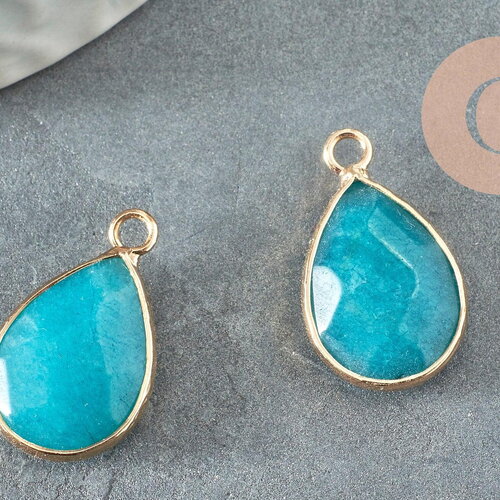 Pendentif goutte jade bleu doré, pendentif jade, pendentif bijoux pierre,jade naturel, jade teinté bleu,24mm, x1 g4785