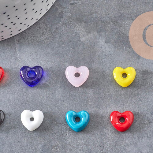Pendentif cœur verre artisanal coloré avec trou 14x15mm, x1 (g11039)