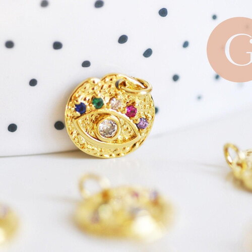 Pendentif médaille ronde texturée oeil laiton doré 18k zircons multicolore 14mm x1 g6258