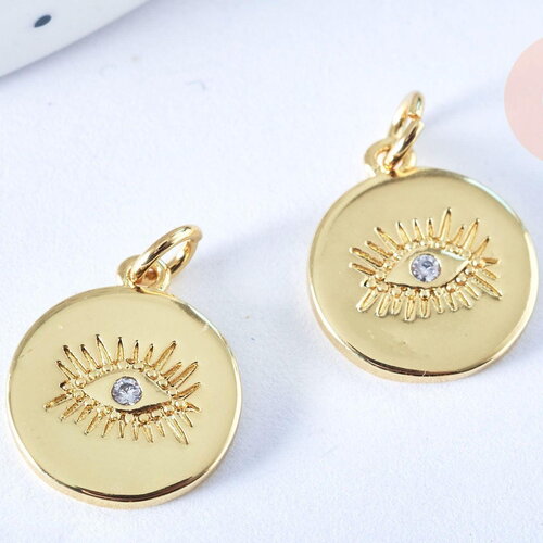 Pendentif médaille ronde oeil laiton doré zircon 15mm, x1 (g3179)