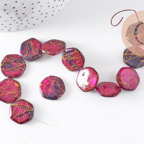 Perle hexagone nacre naturelle rose fuchsia or 20mm, x20 perles (g3855)