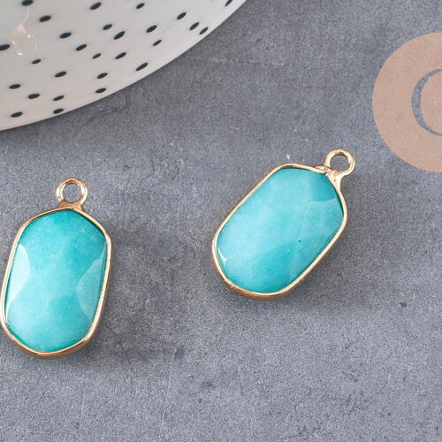 Pendentif hexagone jade naturel bleu turquoise laiton doré 25mm, x1 (g1166)