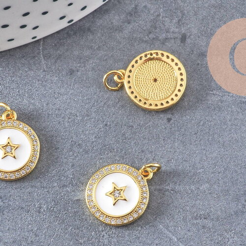 Pendentif rond doré étoile résine blanche, un pendentif pour femme en métal doré pour la création de bijoux,16mm,x1 (g3158)