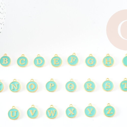 Pendentif rond doré initiale lettre émail bleu turquoise 14mm, x1 (g2935)