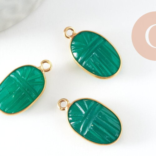 Pendentif scarabée onyx verte naturel argent 925 doré 18k 20mm, x1 (g9442)