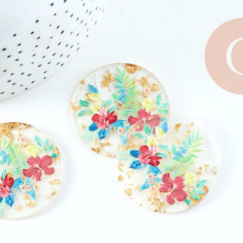 Pendentif rond résine fleur séchée 40mm, pendentif fleurs séchées coloré, création de bijoux originaux, x1 g5585