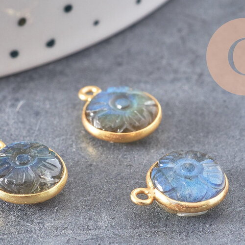 Pendentif rond labradorite naturelle sculptée argent 925 doré 18k 13mm, x1 (g10842)