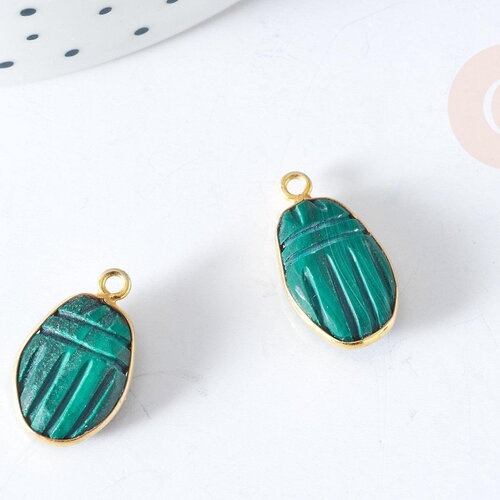 Pendentif scarabée malachite naturelle argent 925 doré 18k 19mm, x1, g7727