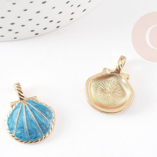 Pendentif coquillage zamac doré bleu ciel 24.5mm, x2 (g3417)