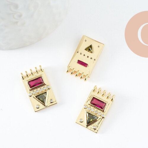 Pendentif médaille rectangle laiton doré zircon coloré 14.5mm, x1 (g3779)