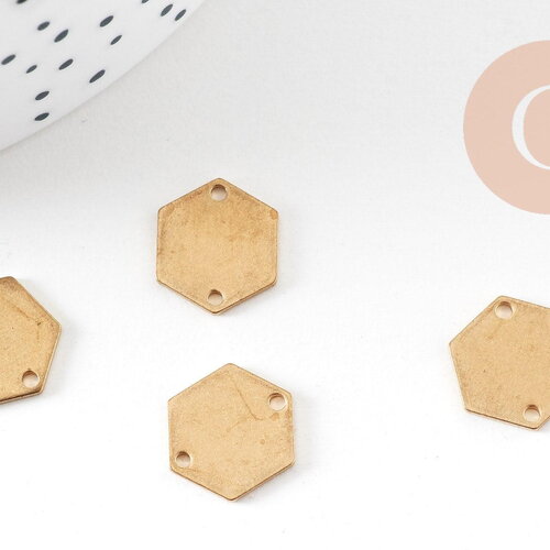 Breloque hexagone laiton brut 2 trous 12mm, pendentif géométrique sans nickel x10 (g1249)