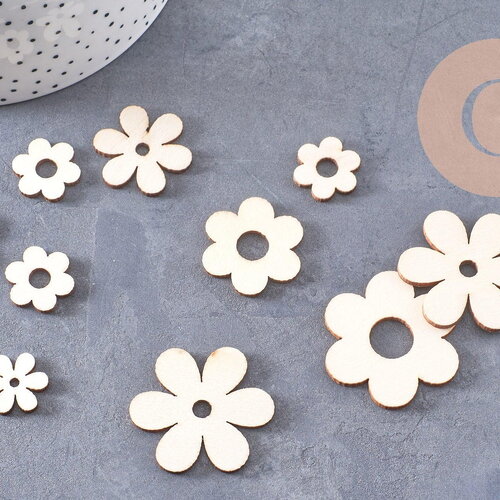 Perles fleur en bois brut rondes 18-39mm, x10 (g10543)