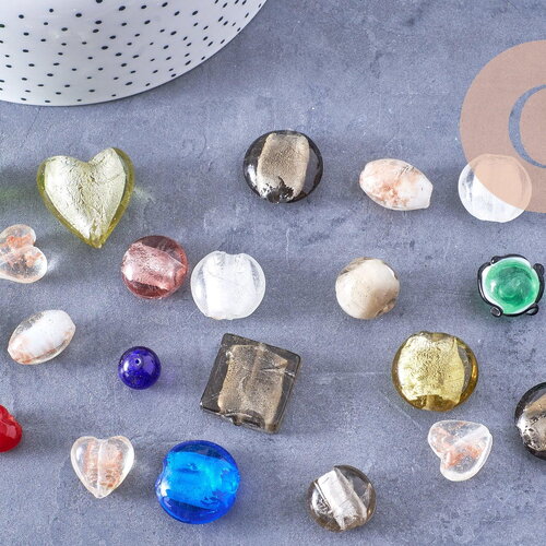 Perles verre murano formes et couleurs multiples, perles feuille argent, x10 (g0741)