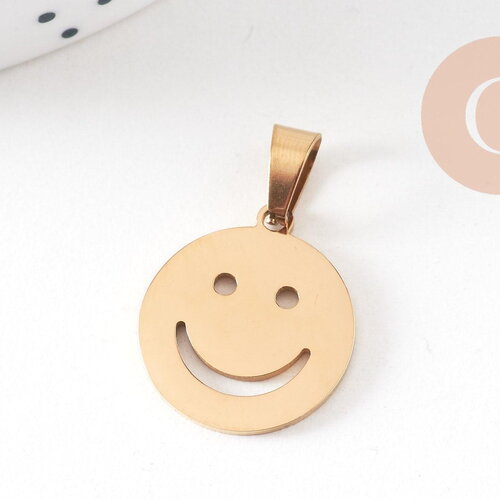 Pendentif smiley acier 304 inoxydable doré ip 19.5mm, x1 (g10802)