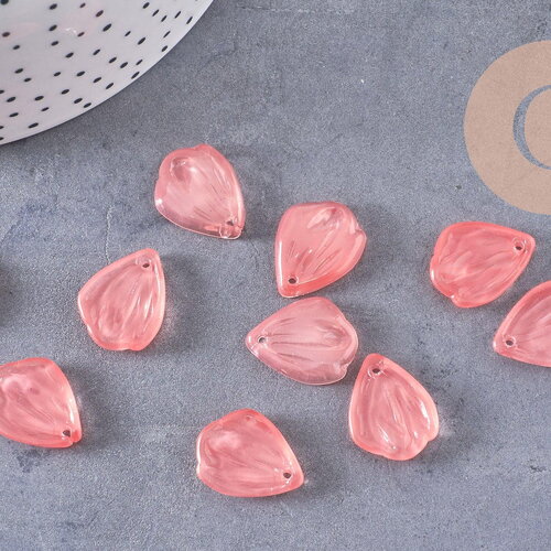 Pendentif feuille pétale verre rose corail 19mm, perles verre tchèque, perle végétale style art déco, x10 (g4191)