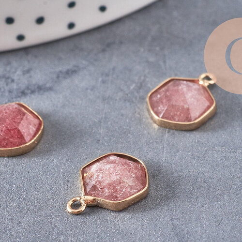 Pendentif hexagone quartz fraise 15mm,pendentif pierre,pendentif collier,pierre naturelle,pendentif quartz, quartz naturel, x1 g5629