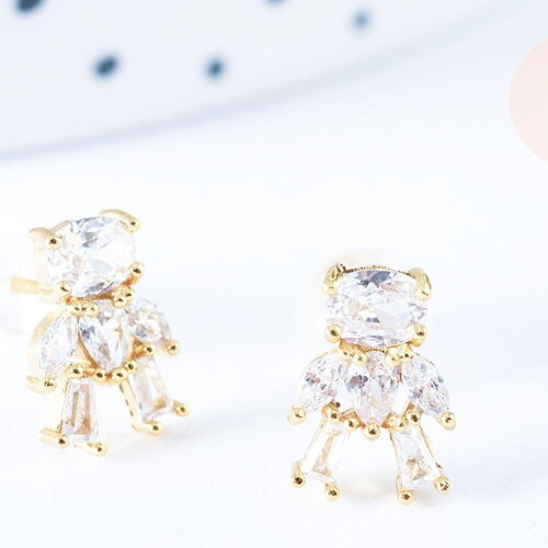 Clous d'oreille ourson en laiton zircons blanc avec poussoirs d'oreilles, idées cadeaux femmes fille la paire, (g7913)