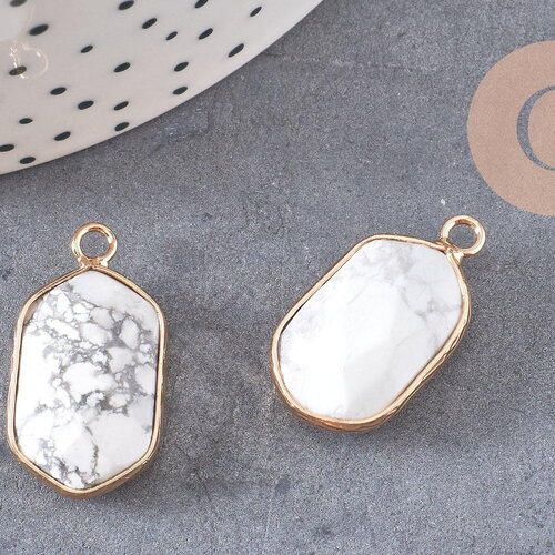 Pendentif hexagone howlite,pendentif pierre, support doré,création bijou,pierre naturelle,bijou pierre, howlite naturelle,25mm-g1868