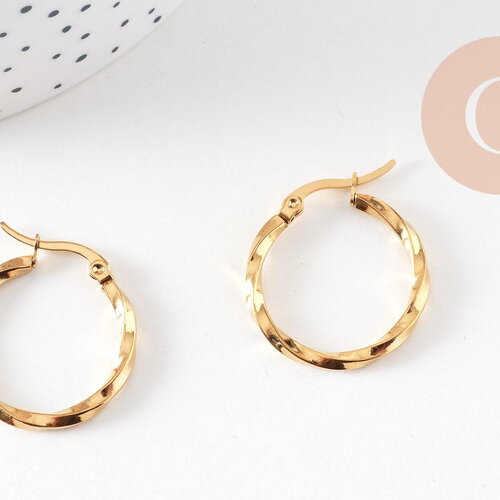 Créoles torsadées acier doré, bijoux doré, oreille percée,sans nickel, boucles acier, 25mm, la paire (g2402)