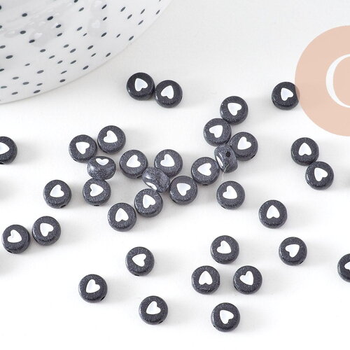 Perle ronde coeur blanc plastique noir,perle plastique,perle ronde lettre,x 10 grammes, (g2189)